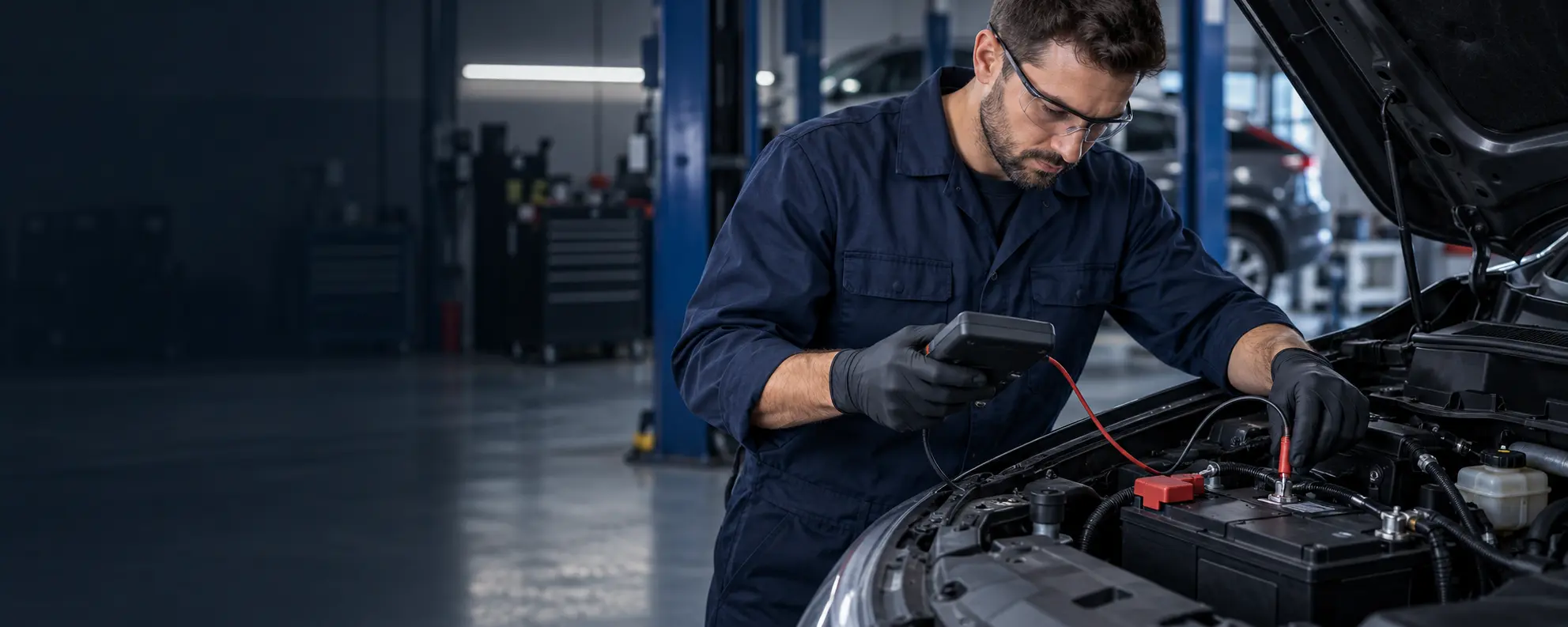 Technician testing a car battery under the hood