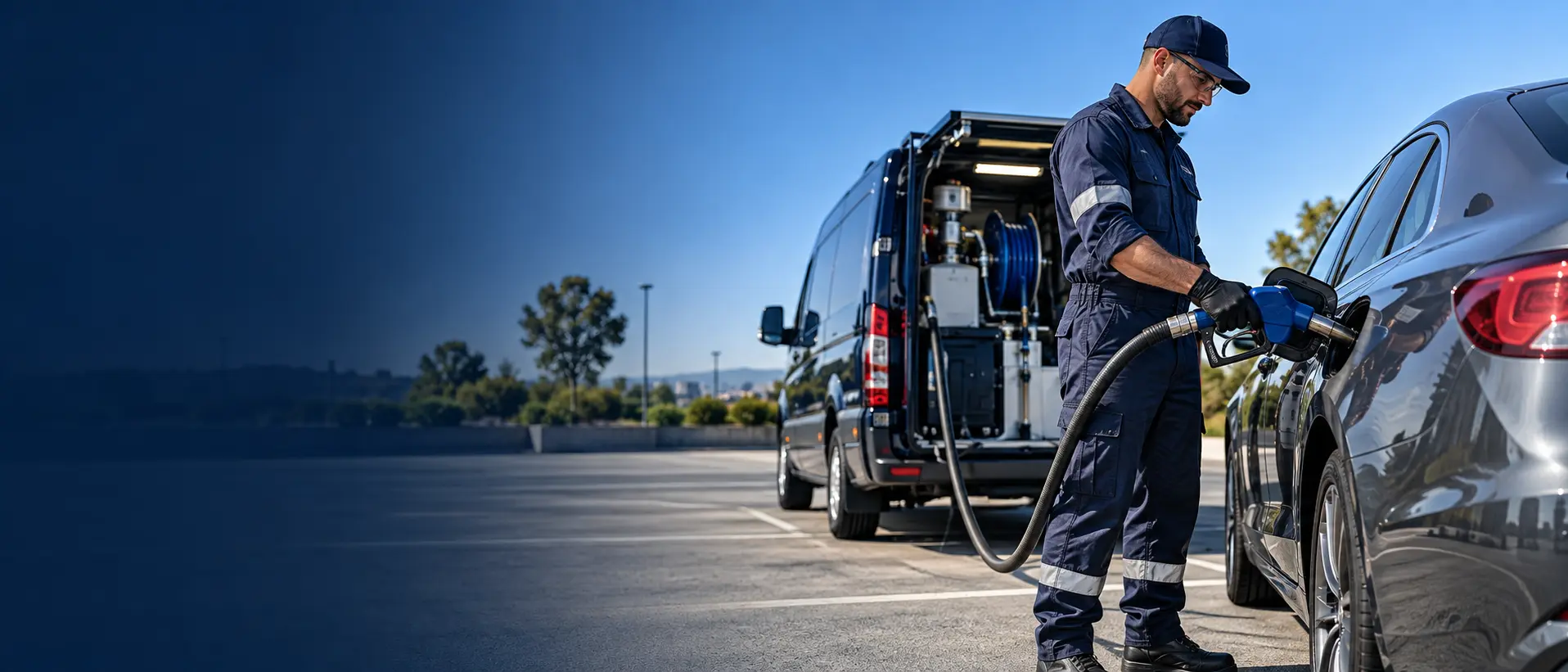 Mobile fuel service worker refueling a parked car