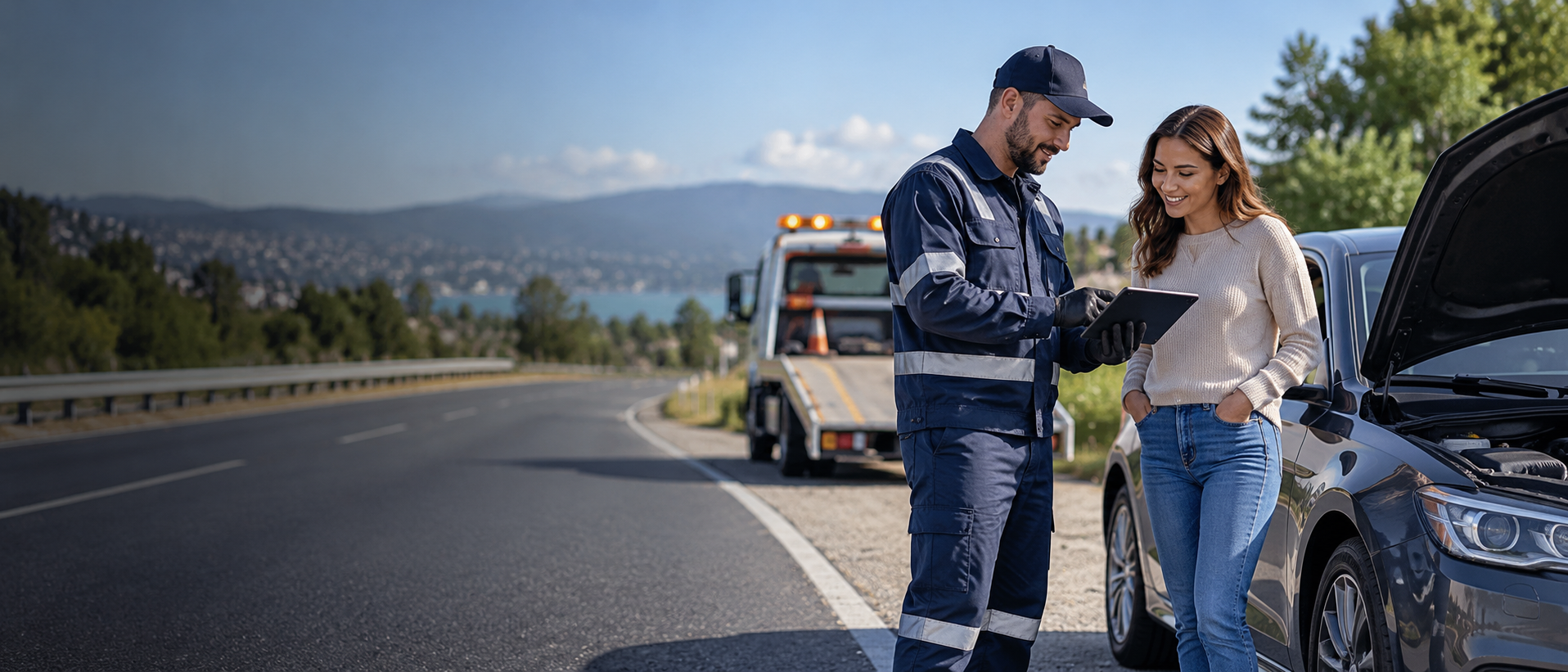 Roadside technician discussing assistance with a driver beside a parked vehicle