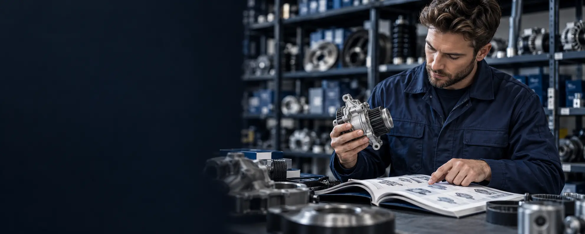 Parts specialist checking a replacement component against a catalog