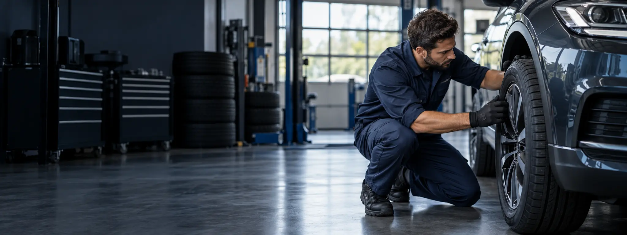 Tire technician inspecting a car wheel in a service bay